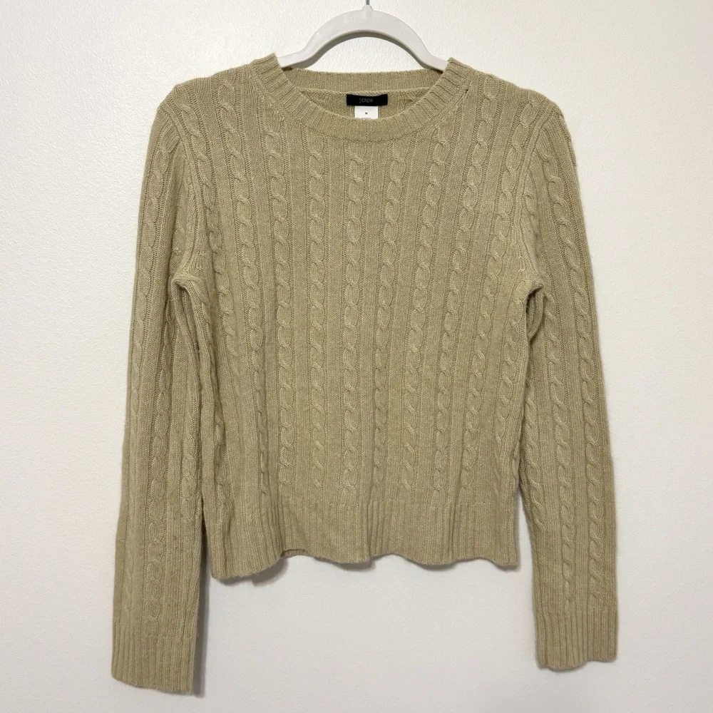 J. Crew Cashmere Wool Blend Cable Knit Sweater Size Medium Green Lightweight